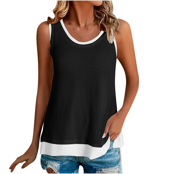 VEKDONE Womens Summer Fake 2 Piece Tank Tops Sleeveless Patchwork Waffle Tanks Casual Loose Fit Crewneck Pullover Vests Black Large
