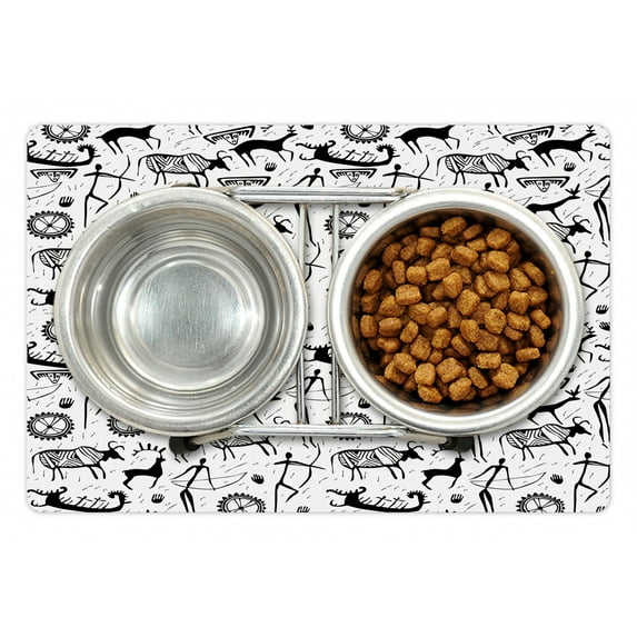 Tribal Pet Mat for Food and Water, Culture Pattern with Traditional Mask Animal and Arrows Folk Design, Non-Slip Rubber Mat for Dogs and Cats, 18" X 12", by Ambesonne