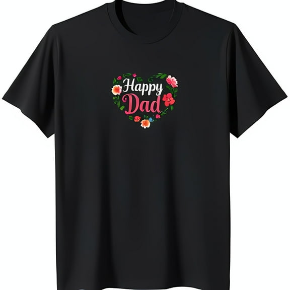 Happy Dad Floral Heart Design Black T-Shirt for Men Short Sleeve Crew Neck