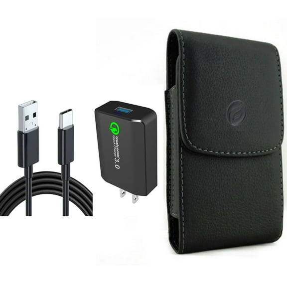 Case Belt Clip & Home Charger for iPhone 15 Pro - Leather Holster Cover Pouch and 18W Fast 6ft USB Cable Type-C Quick Charge G9B for iPhone 15 Pro (6.1")