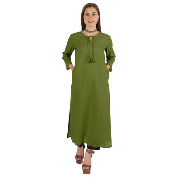 Moomaya Solid Long Kurti For Women Cotton Tunic 3/4 Sleeve Ethnic Formal Kurta w/ Pockets
