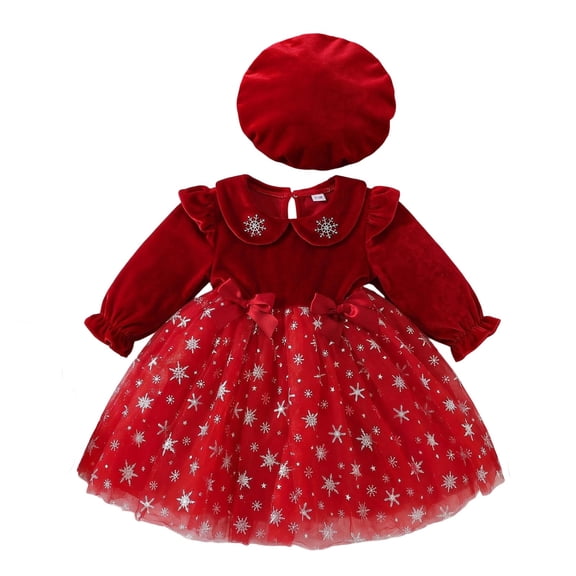 MEZZALL Outfit Sets Toddler Baby Girl Christmas Dress 2-Piece Velvet Long Sleeve Collar Snowflake Party Dress With Matching Beret Hat For Holiday Leisure Clothes Sets