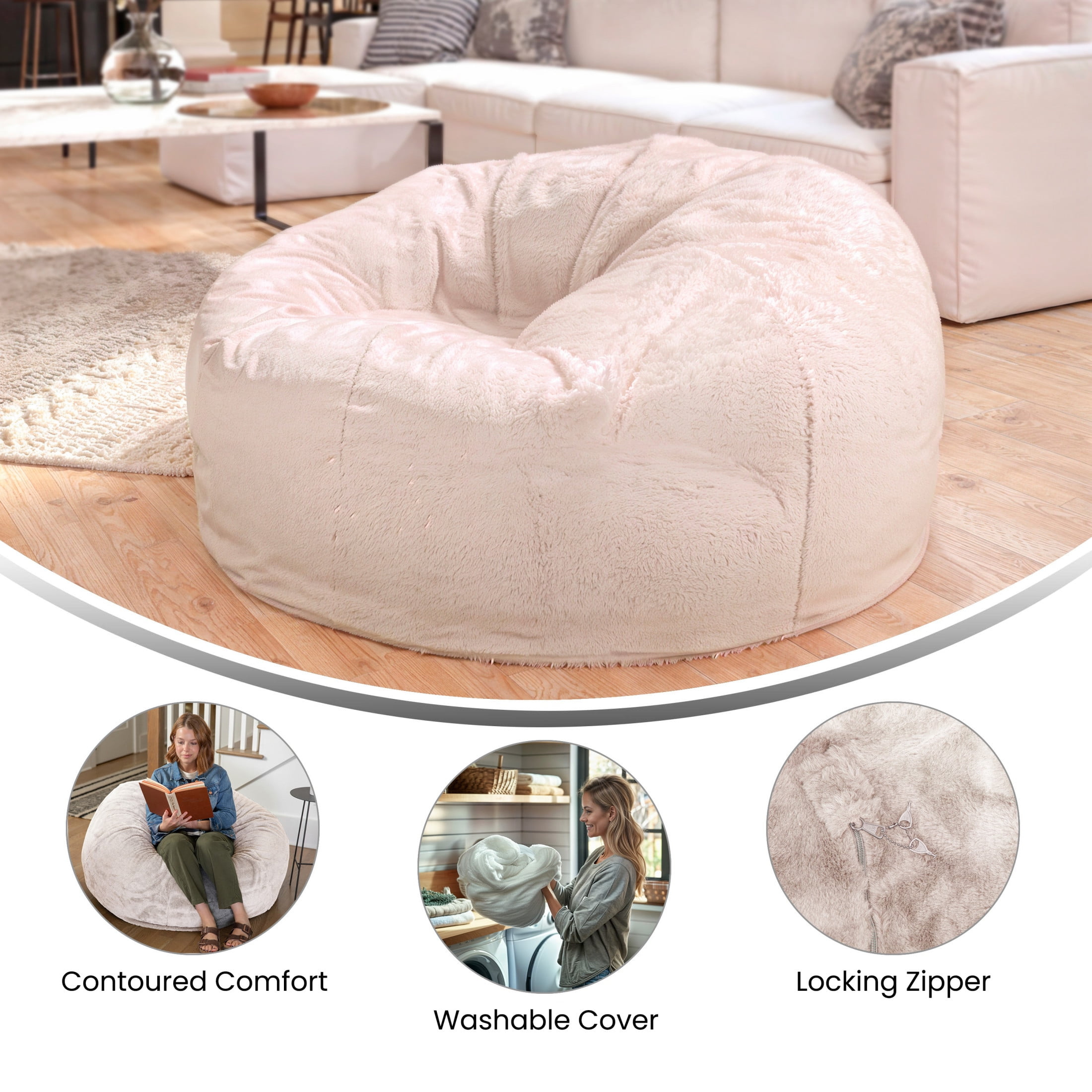 Flash Furniture White Furry Oversized Bean Bag Chair for Living Room Bedroom Fluffy Stuffed Cozy Relaxation Spot Walmart