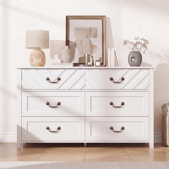 GOCAPTAIN 6 Drawer Dresser Chest of Drawers, 47.2'' Wood Storage Cabinet with 3D V-Shape Front, for Bedroom Living Room Nursery Entryway, White