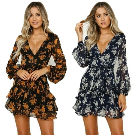 Deep V-neck Sash Women's Fashion Deep V Neck Ruffle Sashes Print Long Sleeve Skater Dresses Summer Floral Mini Dress ()