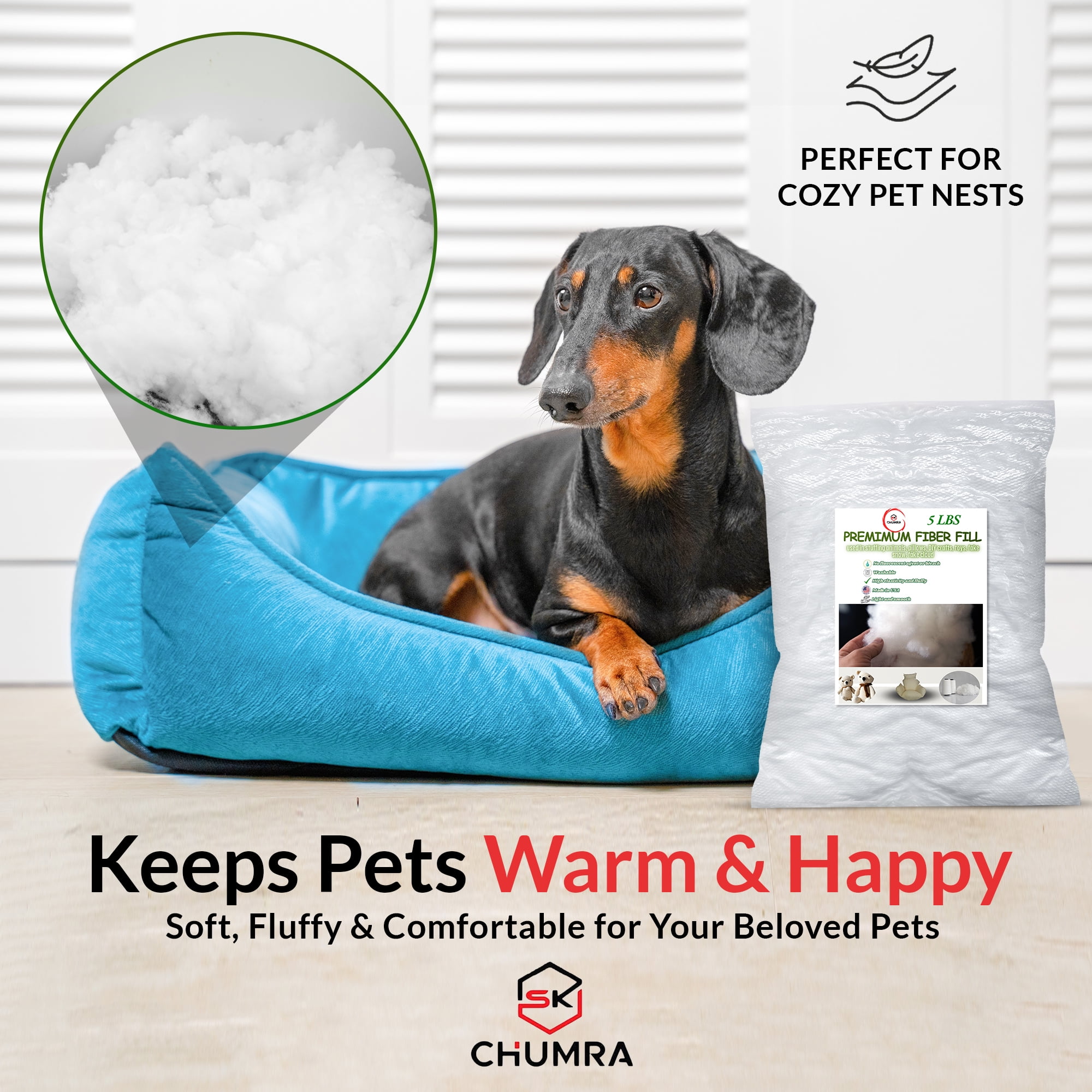 SK CHUMRA High-Resilience Premium Polyester Fiber Fill-Perfect for Pillows, Couch Cushions,Plush Toys,DIY Crafts,&Pet Beds -Cloud Soft, Kid & Pet Safe, Washable, Durable-Made in USA (3, Pounds)