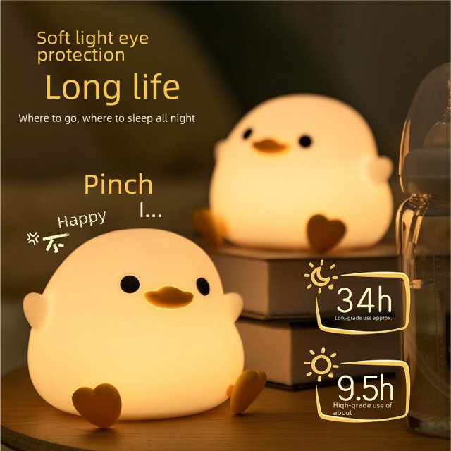 Lámpara de noche de pato para dormitorio, mesita de noche, carga, acompañante para dormir, luz de aplauso, temporizador, lámpara de mesa para niños de silicona