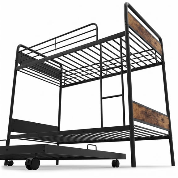 Furnibear Twin Over Twin Metal Bunk Bed with Pull-out Trundle Ladder and Guardrails for Kids Guest Rooms and Dorms, Black