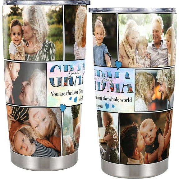 Personalized Multi Photos Tumbler Custom Name & Photo Grandma Insulated cups Travel Coffee Mug with Lids Stainless Steel 20 oz Gifts for Mom Mommy New Grandma Mother's Day