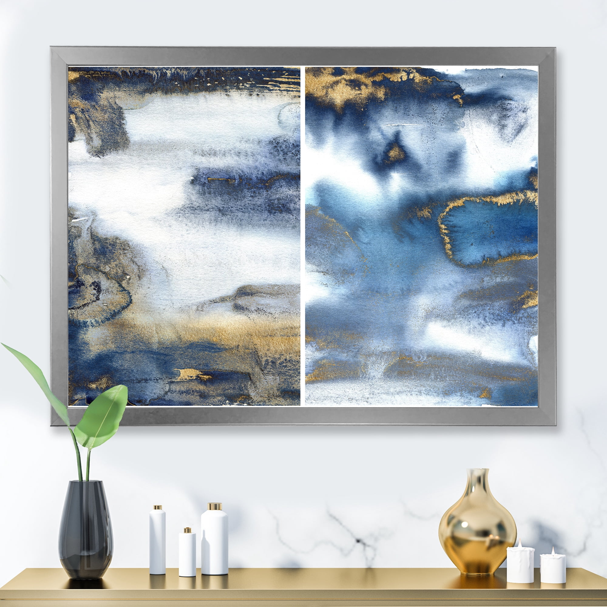 Designart 'Gold and Dark Blue Abstract Waves I' Modern Framed Art Print