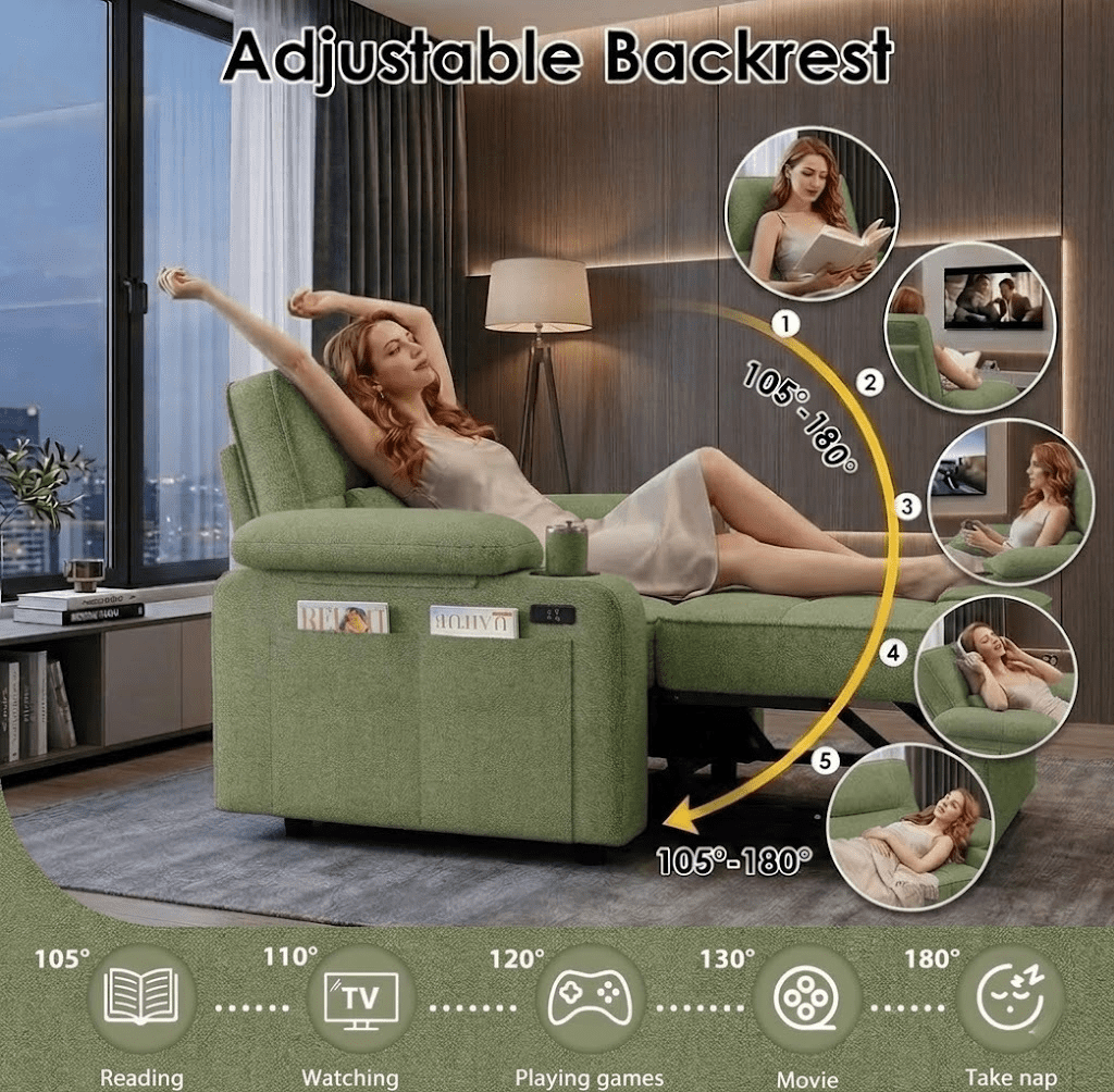Howcool 58'' Convertible Sofa Bed with Pull-Out Bed, 3-in-1 Loveseat Sleeper Sofa, Adjustable Backrest, USB Port, Cup Holders and Side Pocket, Sofa Couch for Living Room,Green