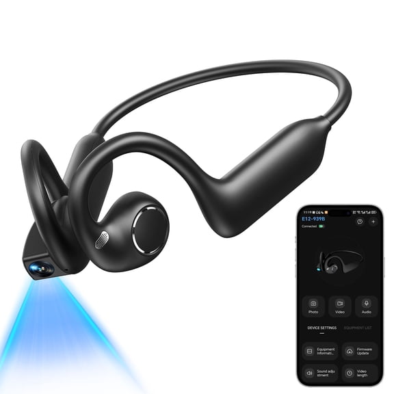 E12 Open Ear Headphones with 8MP Camera Bone Conduction Headphones Bluetooth 6.0 Wireless Earbuds Hi-Fi Stereo Running Earphones IP65 Waterproof AI Voice Assistant Headset for Sports/Workout/Cycling