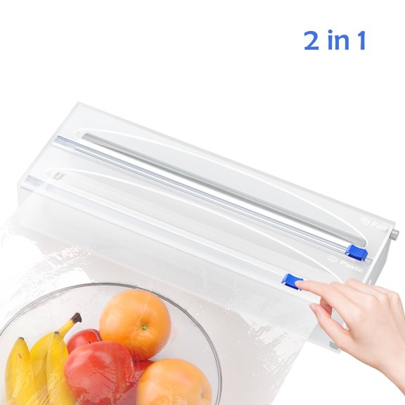 Hirchor Foil and Plastic Wrap Organizer, 2 in 1 Plastic Wrap Dispenser with Cutter, Aluminum Foil and Plastic Wrap Dispenser for Drawer, Acrylic Roll Organizer Holder, Compatible with 12" Roll