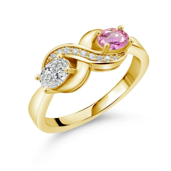 Gem Stone King 18K Yellow Gold Plated Silver Lab Grown Diamond and Pink Sapphire and White Created Sapphire Infinity Promise Ring for Women | 1.09 Cttw | Oval 6X4MM | Gemstone Birthstone | Size 5