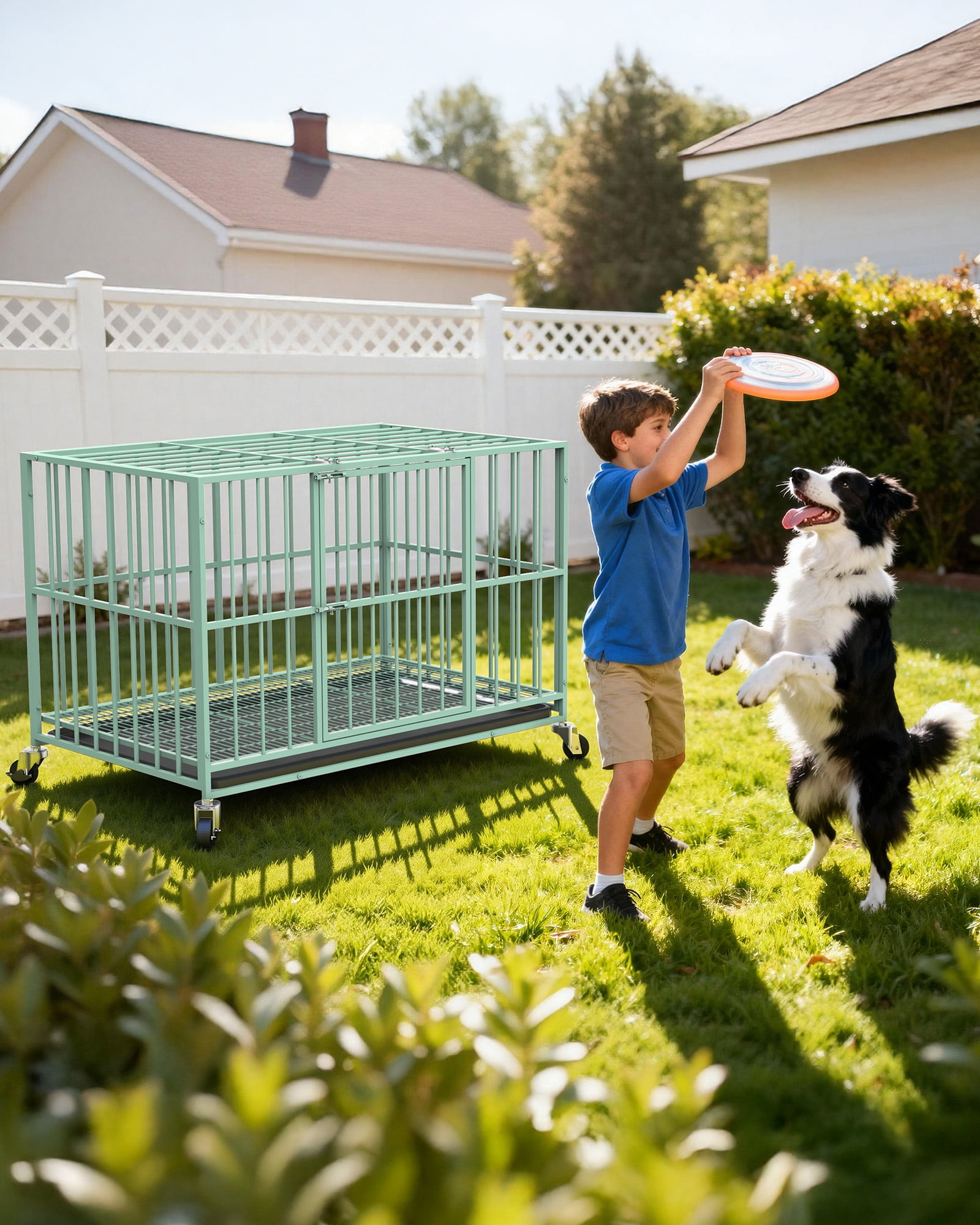 TIME RAY 48 Inch Heavy Duty Indestructible High Anxiety Dog Crate Cage for Large Dog with Steel Escape Proof, Double Doors,Lockable Wheels and Removable Tray,Green