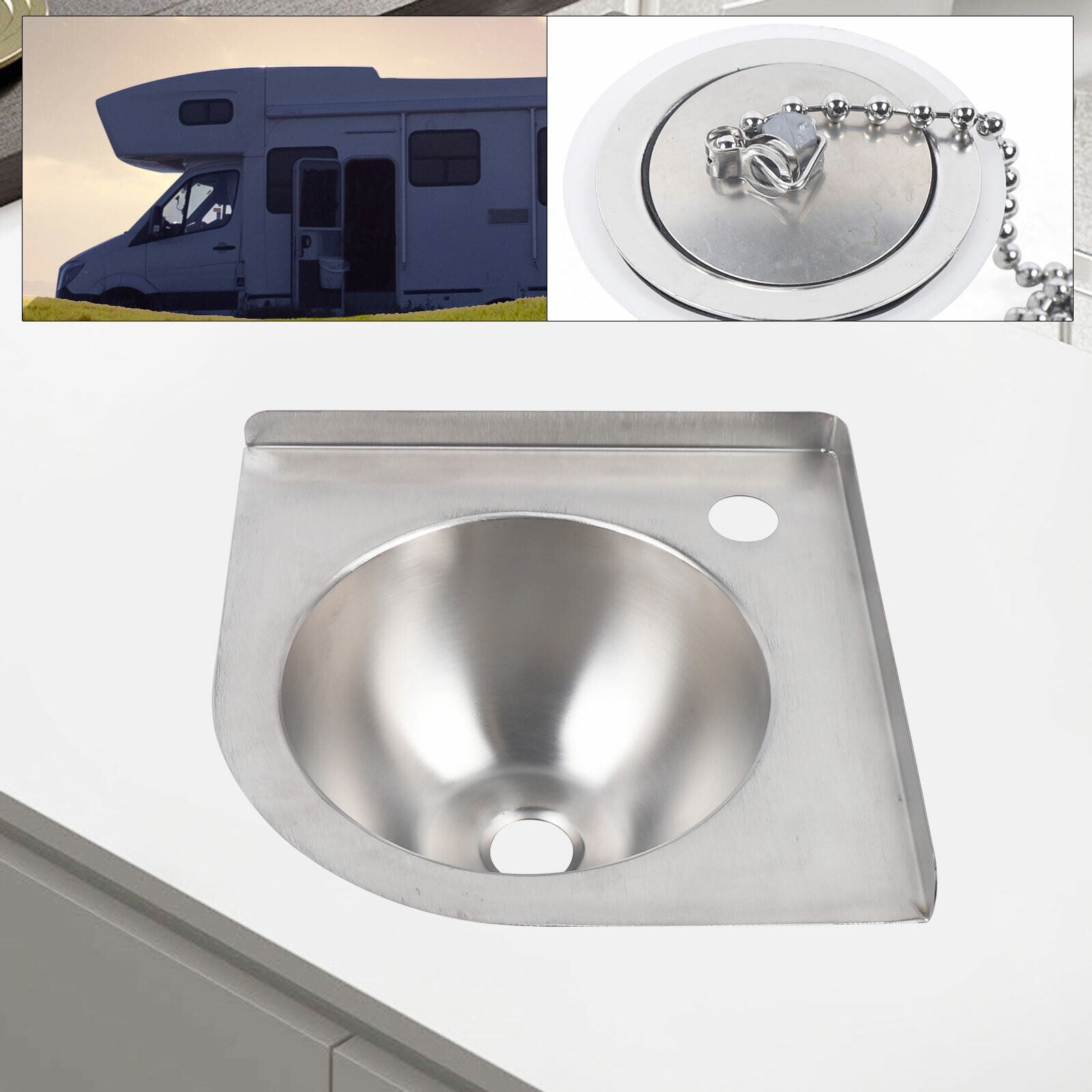 Bathroom RV Corner Basin Sinks, Boat Caravan RV Triangular Stainless Steel Sink with Down Pipe for RV Caravan Camper Boating Kitchen Washing Sink