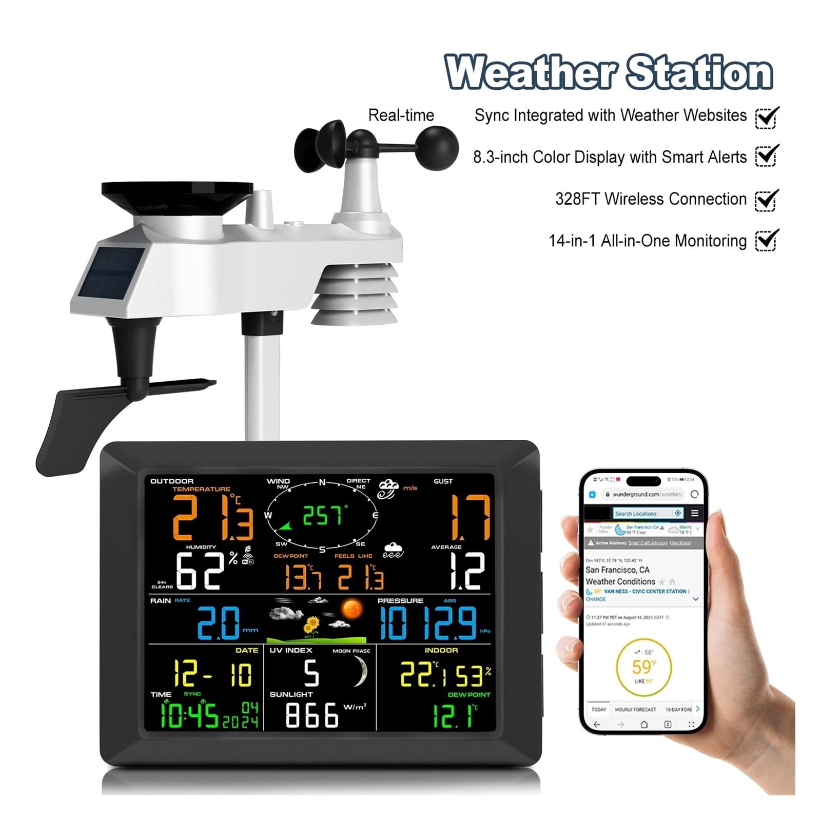 Wireless Weather Station 14-in-1, Real-Time Sync to Weather Underground, 330ft