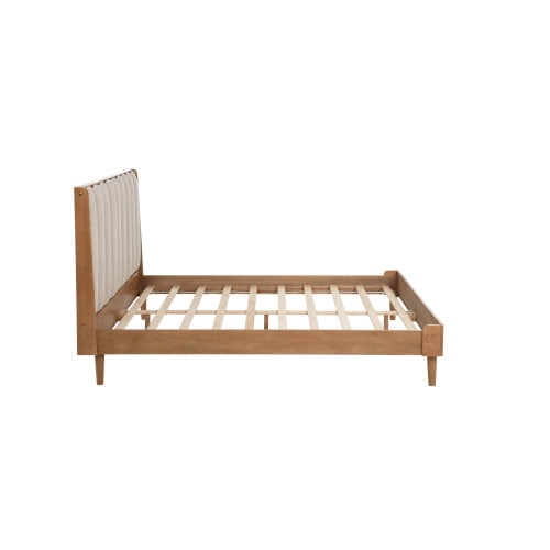 Queen Size Wheat Wood Bed with Piano Key Upholstered Headboard and Strengthened Bed Frame