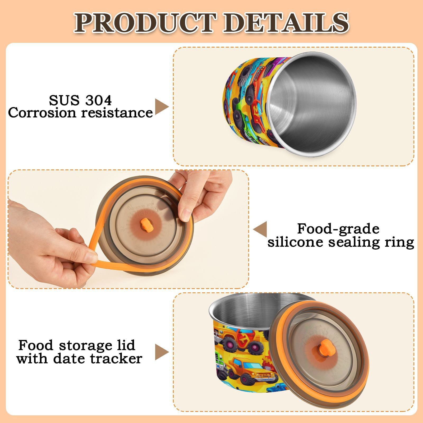 Trucks Cartoon Airtight Coffee Bean Canister 30oz Food Storage Containers with Lids For Gournd, Tea, Sugar, Flour, Rice, Cereal, Candy Cookie Jar