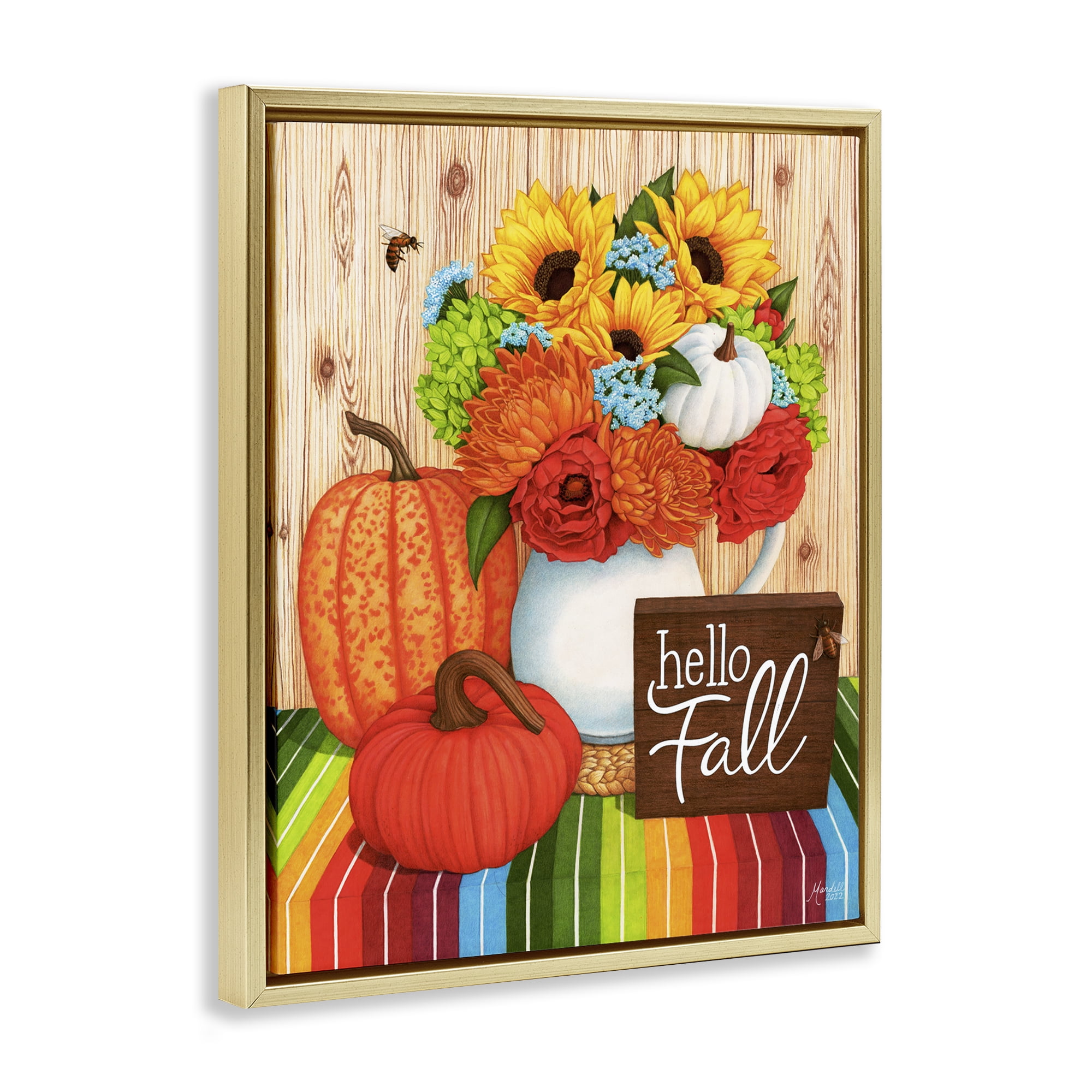 Stupell Industries Hello Fall Rainbow Pumpkins Holiday Painting Gold Floater Framed Canvas Art Prints Wall Art, 17 x 21