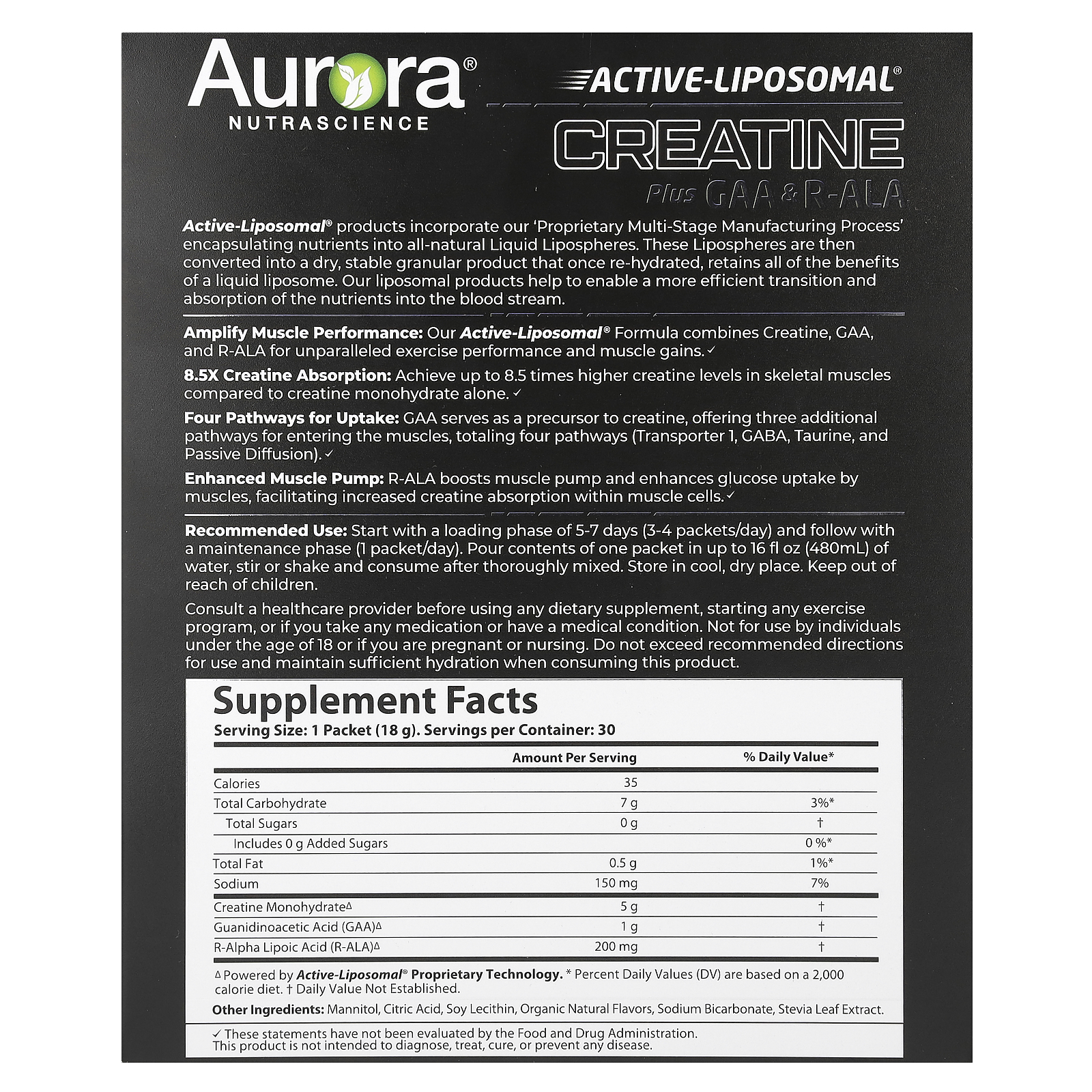 Aurora Nutrascience Active Liposomal®, Creatine Plus GAA & R-ALA, 30 Packets, 0.63 oz (18 g) Each