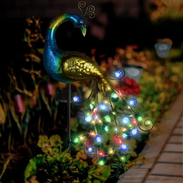 lámpara solar de jardín, estatua de pavo real de metal, lámpara solar para exteriores, luz de calle impermeable, lámpara de pavo real en poste, lámpara decorativa para césped y jardín.