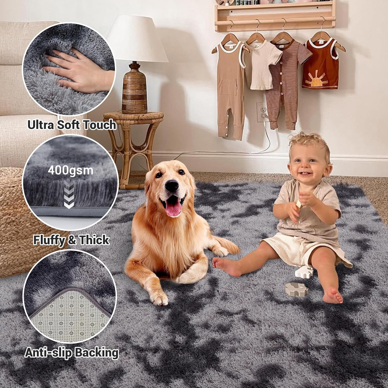 Memoryfield 10' x 13' Area Rug, Tie-Dye Plush Non-Skid Rug, for Bedroom Living Room Nursery, Dark Gray
