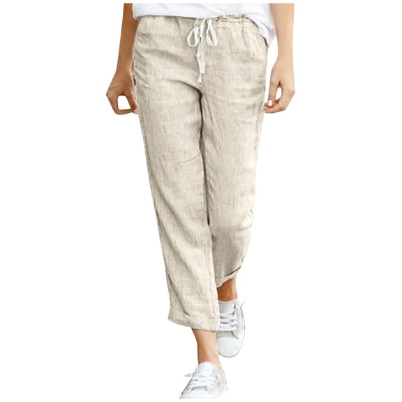 Plus Size Casual Pants for Womens Cotton and Linen Drawstring Elastic Waist Linen Nine-quarter Pants
