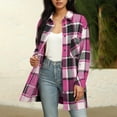 thumbnail image 3 of Womens Mid Length Plaid Jacket Flannel Button Down Long Sleeve Shirts Shackets Lapel Collar Casual Fall Coat (2XL, Hot Pink), 3 of 5