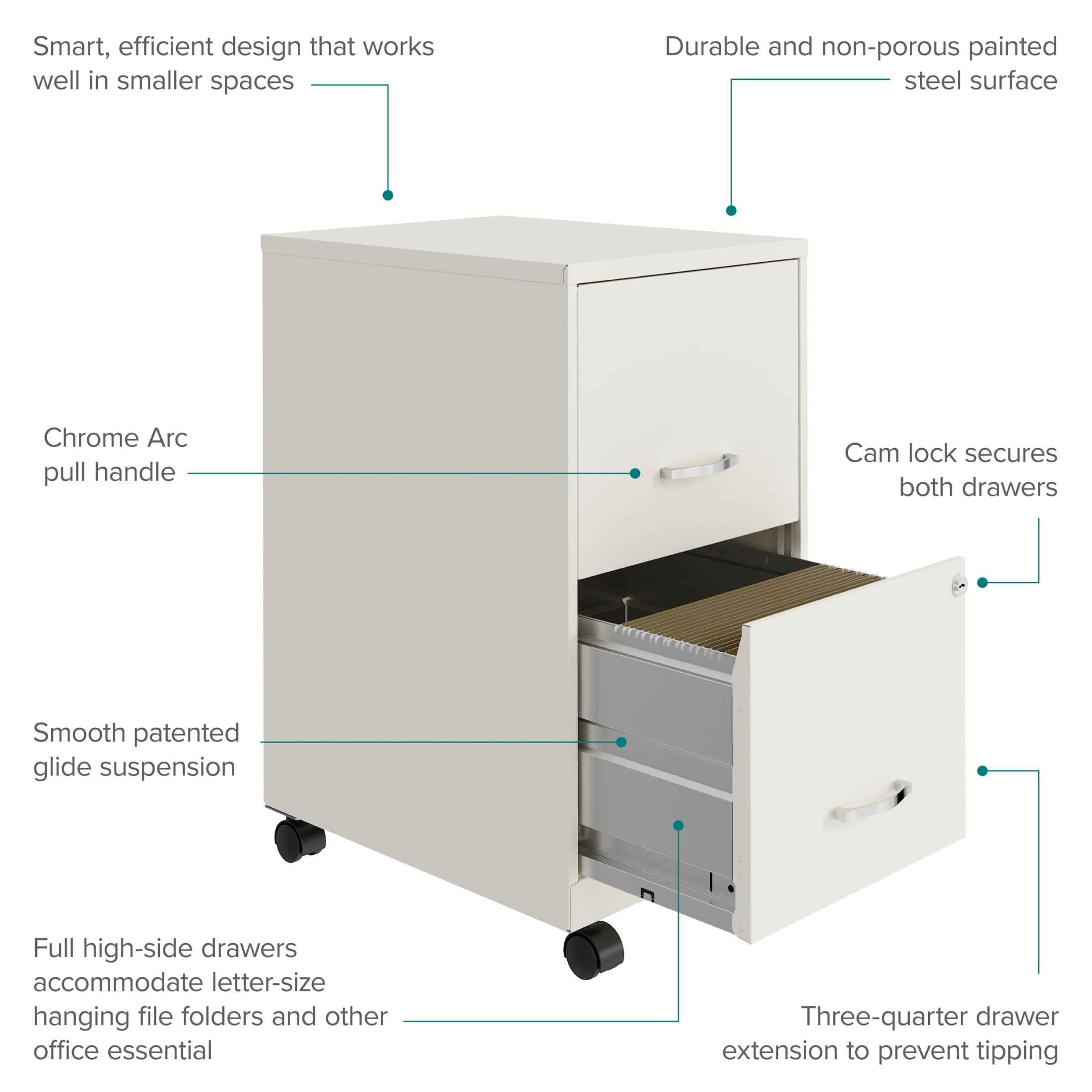 Space Solutions 18" Deep 2 Drawer Mobile Letter Width Vertical File Cabinet, White