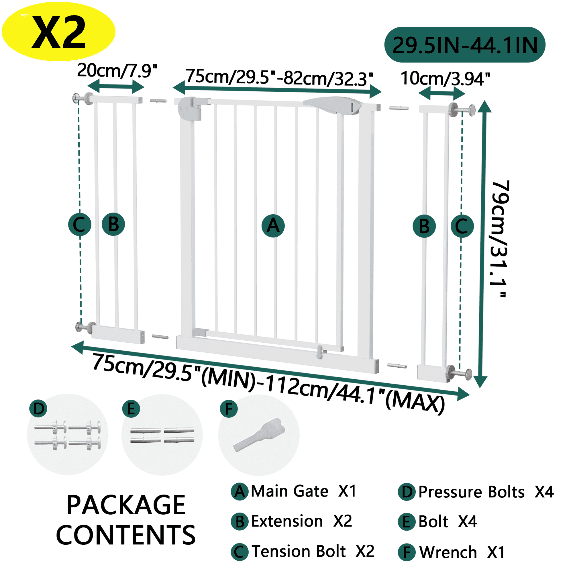 Baby Gates 2-Pack 29.5-44.1 Inch Pressure Mounted for Stairs and Doorways, Safety Gates and Pet Gates for Kids and Dogs with Walk-Through Design, White