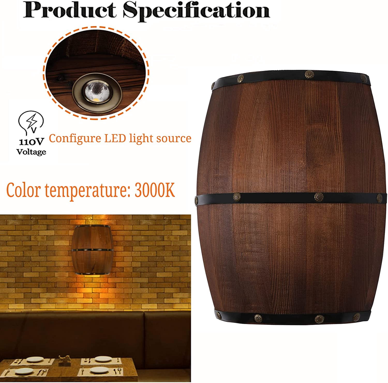 Miumaeov Wood Wine Barrel Wall Sconce Lighting Fixture, Up and Down LED Wall Lighting Fixture, Wall Lamp for Bar, Cafe, Kitchen, Bedroom, Hallway