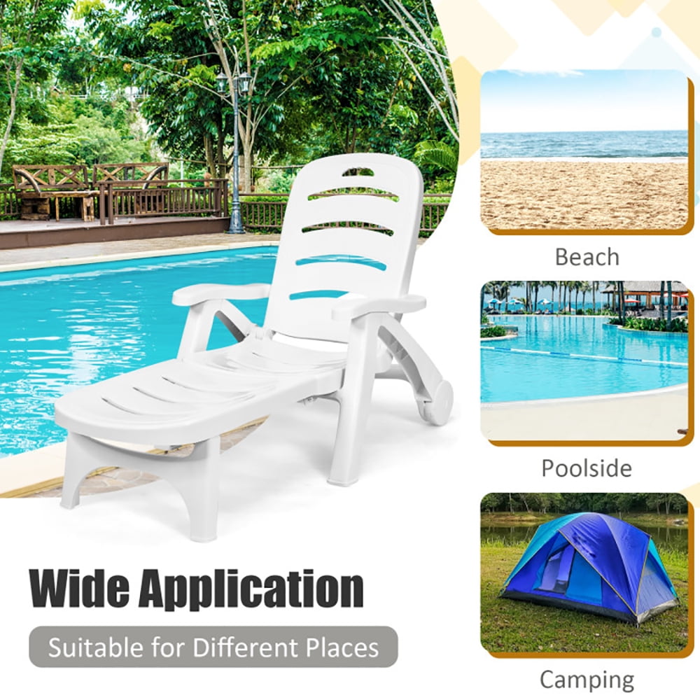 Aimee Lii 5 Position Adjustable Folding Lounger Chaise Chair on Wheels, Patio Loungers, White Aimee Lii 5 Position Adjustable Folding Lounger Chaise Chair on Wheels, Patio Loungers, White