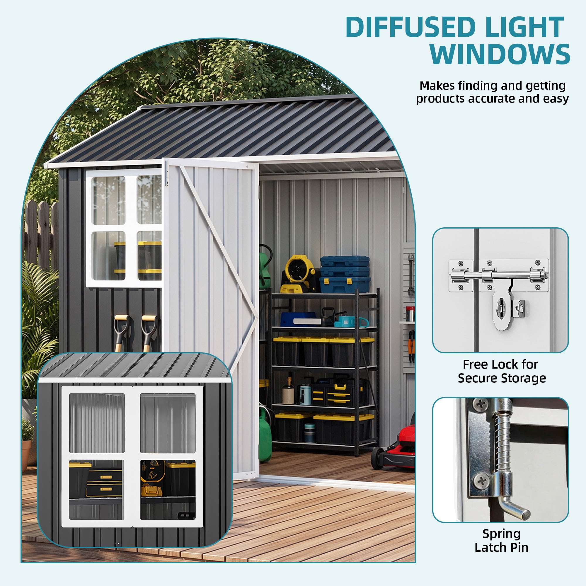 Uforic Metal Outdoor Storage Shed, 8x10ft Steel Tool Shed with Window, Lockable Door and Sloped Roof, for Backyard Patio Garage Lawn, Gray and White