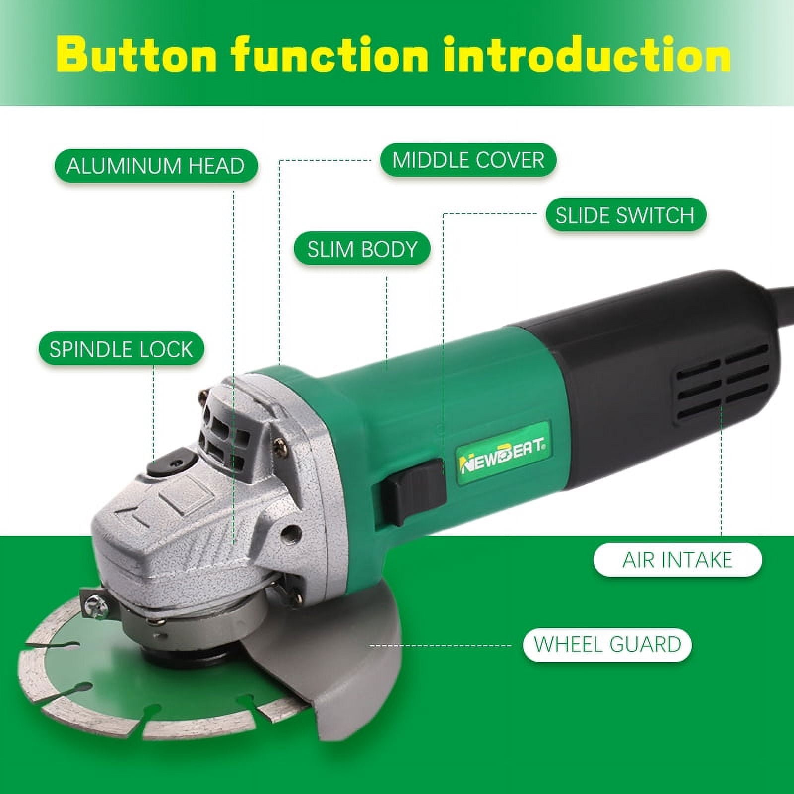 NEWBEAT Power Angle Grinder, 1000W 4-1/2 inch Electric Grinder Tool for for Metal and Wood Cutting, Grinding, Polishing