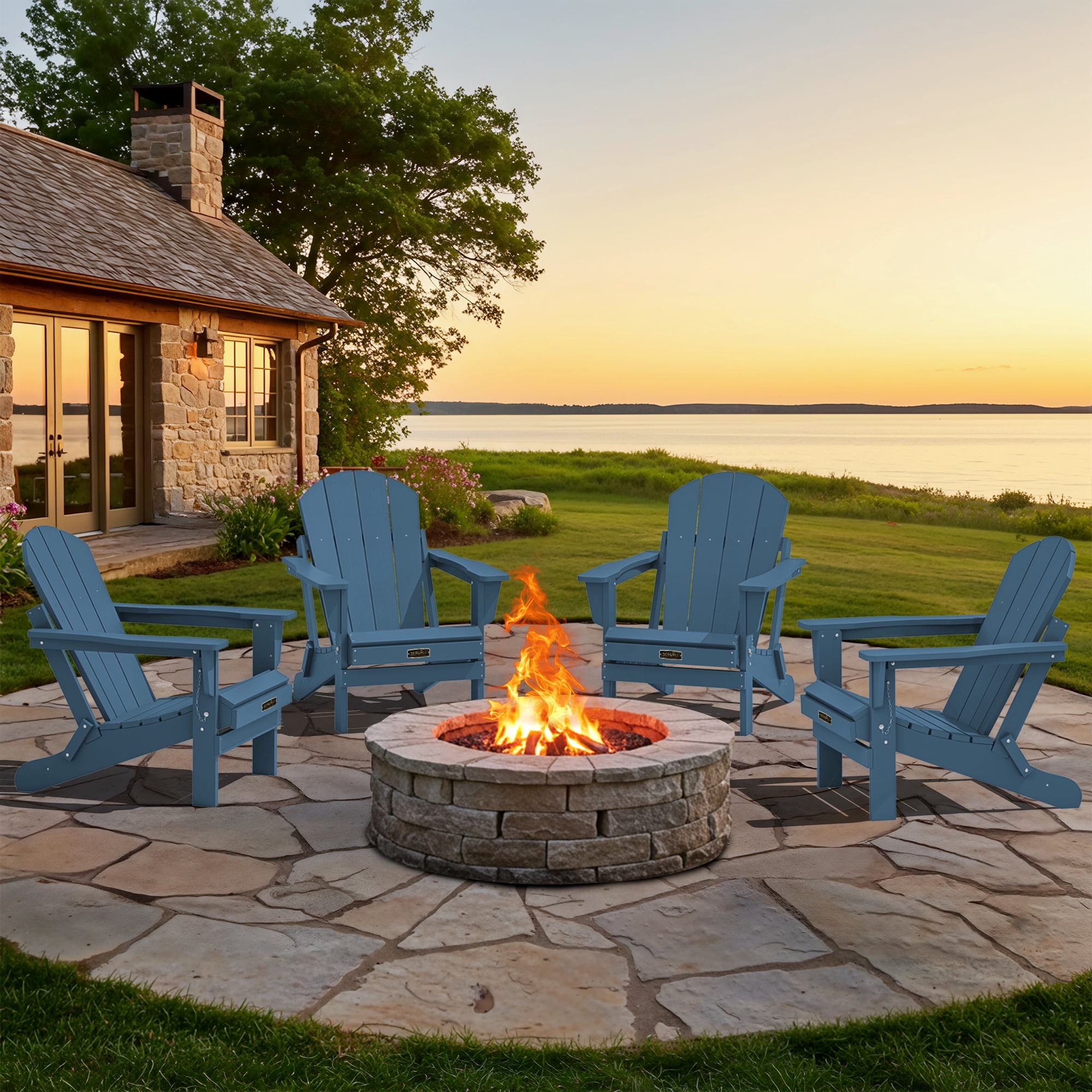 SERWALL Folding Adirondack Chair Set of 4, Patio Seat, Weather Resistant Adirondack Chairs for Patio, Garden, Outdoor Fire Pit Chair, Blue
