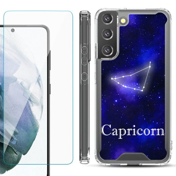 Shockproof Bumper Phone Case for Samsung Galaxy S22 5G, with Tempered Glass Screen Protector, by OneToughShield ® - Zodiac / Capricorn
