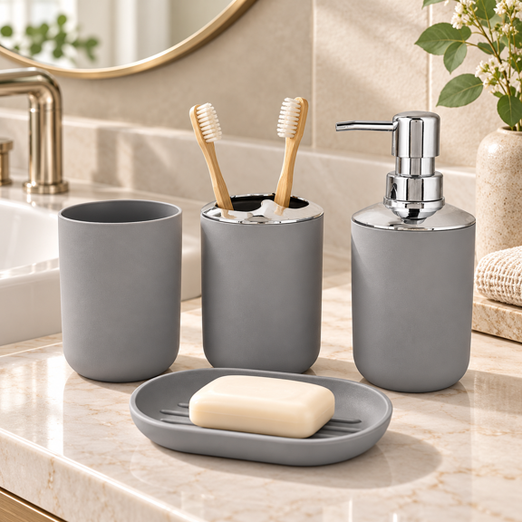 THDFTDT Gray Plastic Bathroom Accessory Set with Soap Dispenser, Toothbrush Holder, Tumbler and Soap Dish, 4 Piece