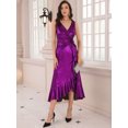 thumbnail image 3 of DARING DIVA Metallic Split Wrap Knot Waist Midi Cocktail Dress L Purple, 3 of 6