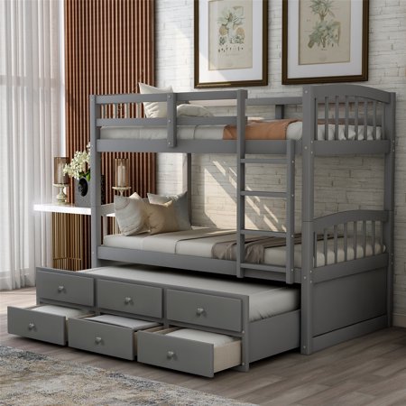 Twin Over Twin Bunk Bed with Trundle and 3 Drawers  Wood Bunk Bed Frame with Built-in Ladder and Full-length Guardrail for Kids  Boys and Girls  Space Saving  Gray