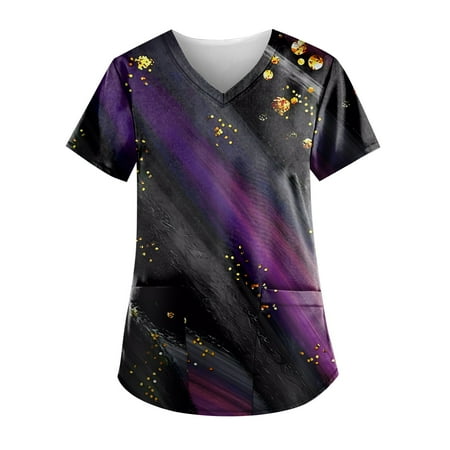 

Sksloeg Women Scrub Tops Vintage Clothes Color Block Printed Top Comfort Scrubs Women s V-Neck Workwear Shirts Nursing Working Uniform Dark Purple XXXL