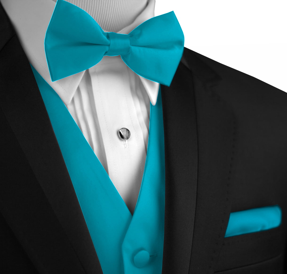 Wedding Black Turquoise Blue Bow tie and Blue Pocket Square Hankie Two Layers 