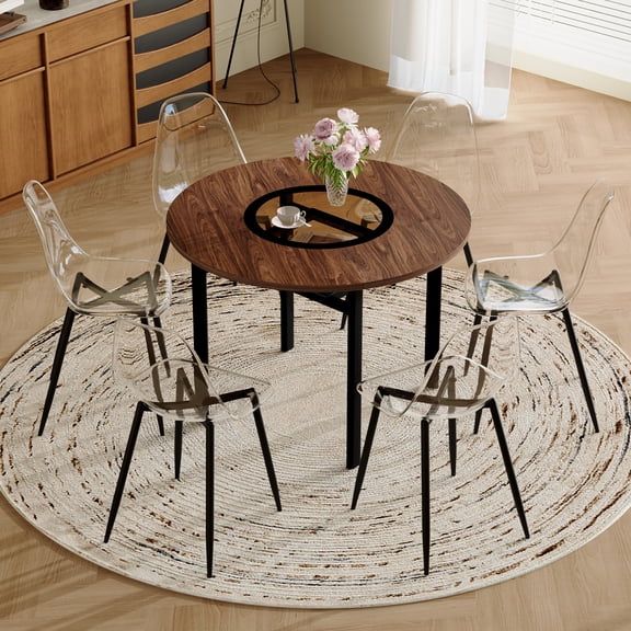 Table and chair set.42 inch modern minimalist brown wood grain round dining table set.Paired with 6 Transparent Plastic Chairs with Black Metal Legs.Bring a comfortable home experience.