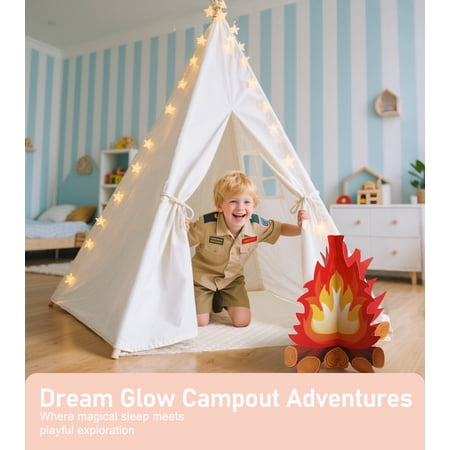 Teepee Tent for Kids Foldable Teepee Play Tent with Fairy Lights, Carry Case Water Resistance, Pretend Camp Fire, Four Poles Style Raw White Color - New Version Tiny House little dove