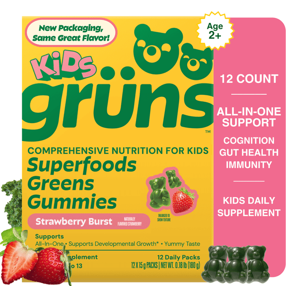 Gruns Kids Superfood Greens Multivitamin Gummies with 4g of Fiber for Ages 2 , 12 Count