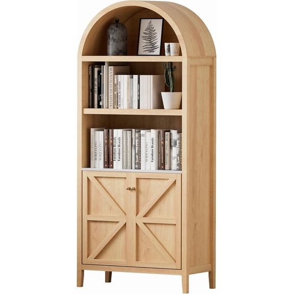 71” Farmhouse Arched Cabinet, 2-Tier Arched Bookshelf Storage Display Cabinet with 2 Doors, Kitchen Pantry Tall Bookshelf for Kitchen, Living Room (Natural)