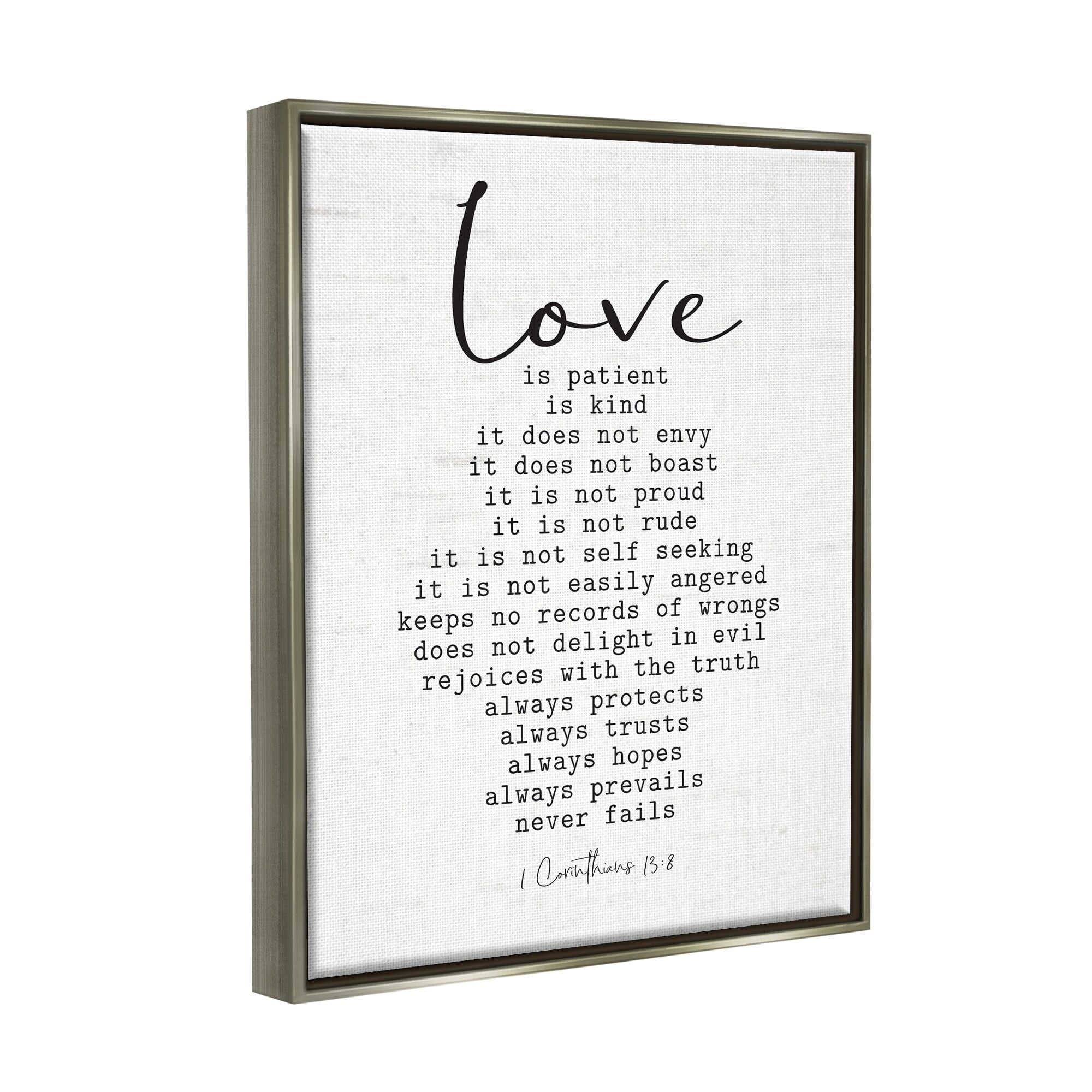 Stupell Industries Love Is... Spiritual Scripture Inspirational Religious Sentiment Graphic Art Luster Gray Floating Framed Canvas Print Wall Art, Design by Lettered and Lined