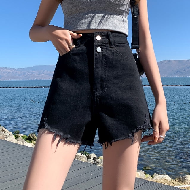Pantalones cortos vaqueros negros de cintura alta para mujer, pantalones cortos holgados y finos con borde áspero y doble botón, novedad de verano 2023