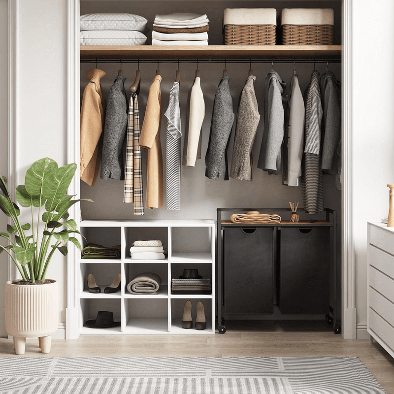 Laundry Hamper with Shelf, 2 Section Laundry Sorter with Pull-Out Removable Bags & Rolling Wheels, Metal Frame Laundry Basket Organizer for Bathroom Bedroom Laundry Room, Rustic Brown + Black