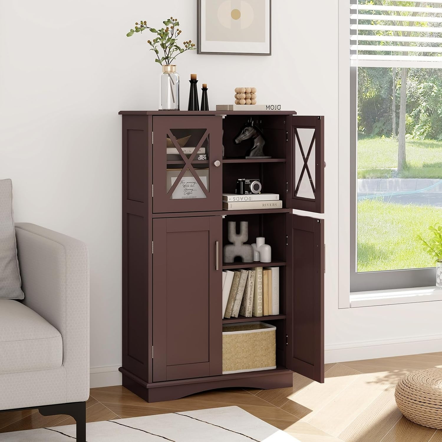 Bathroom Floor Storage Cabinet - Linen Floor Cabinet with Doors and Adjustable Shelves, Freestanding Side Storage Organizer for Bathroom, Living Room, Entryway, Kitchen Storage Unit (Brown)